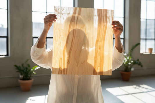 Frau hält dünnes Holzfurnier gegen das Sonnenlicht – LZF Leuchten bei Green Living