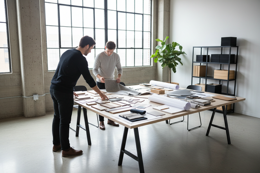 Zwei Personen prüfen Materialien und Muster in einem modernen Loft – Brunner Group Möbel bei Green Living