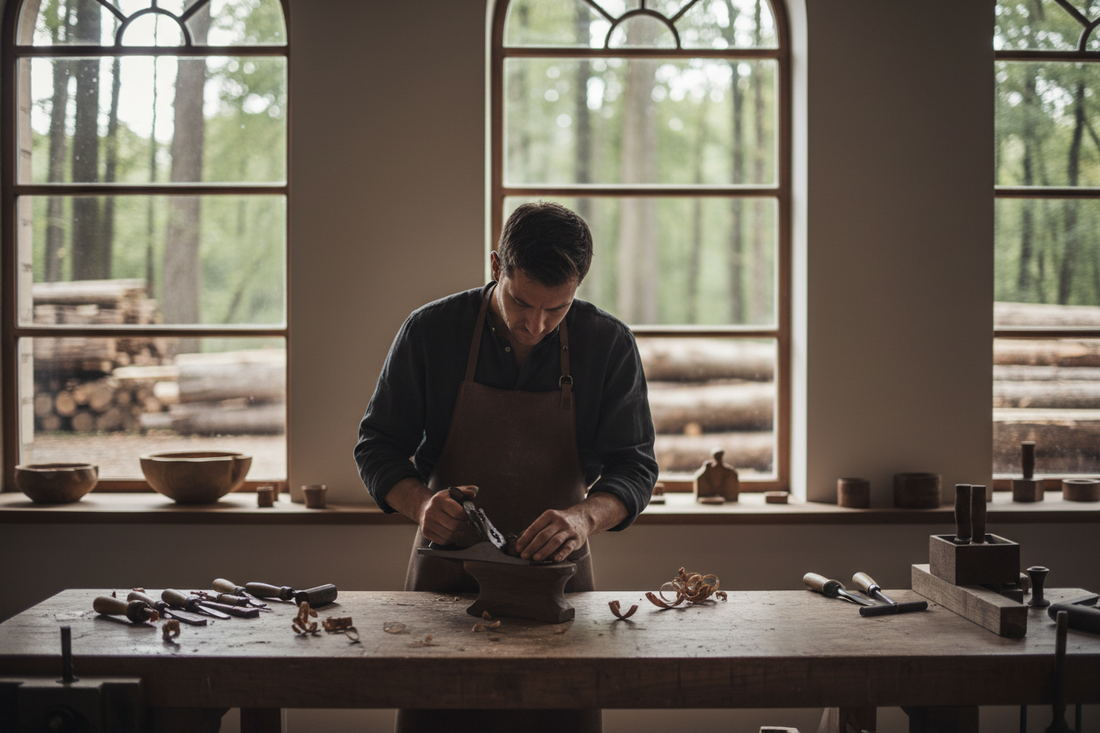 Handwerker in einer Tischlerei mit Holz und Wald im Hintergrund – regionale Produktion bei Green Living