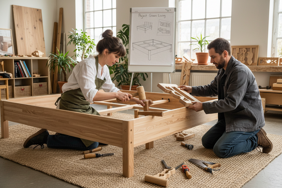Frau und Mann entwerfen ein Massivholzbett der Eco Kollektion – nachhaltiges Design bei Green Living