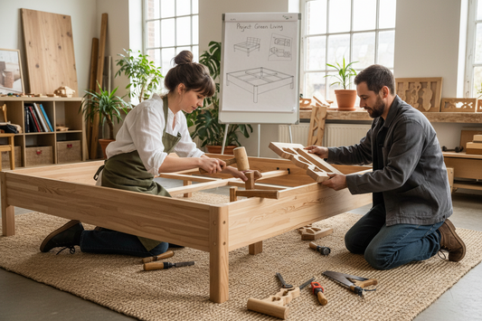 Frau und Mann entwerfen ein Massivholzbett der Eco Kollektion – nachhaltiges Design bei Green Living