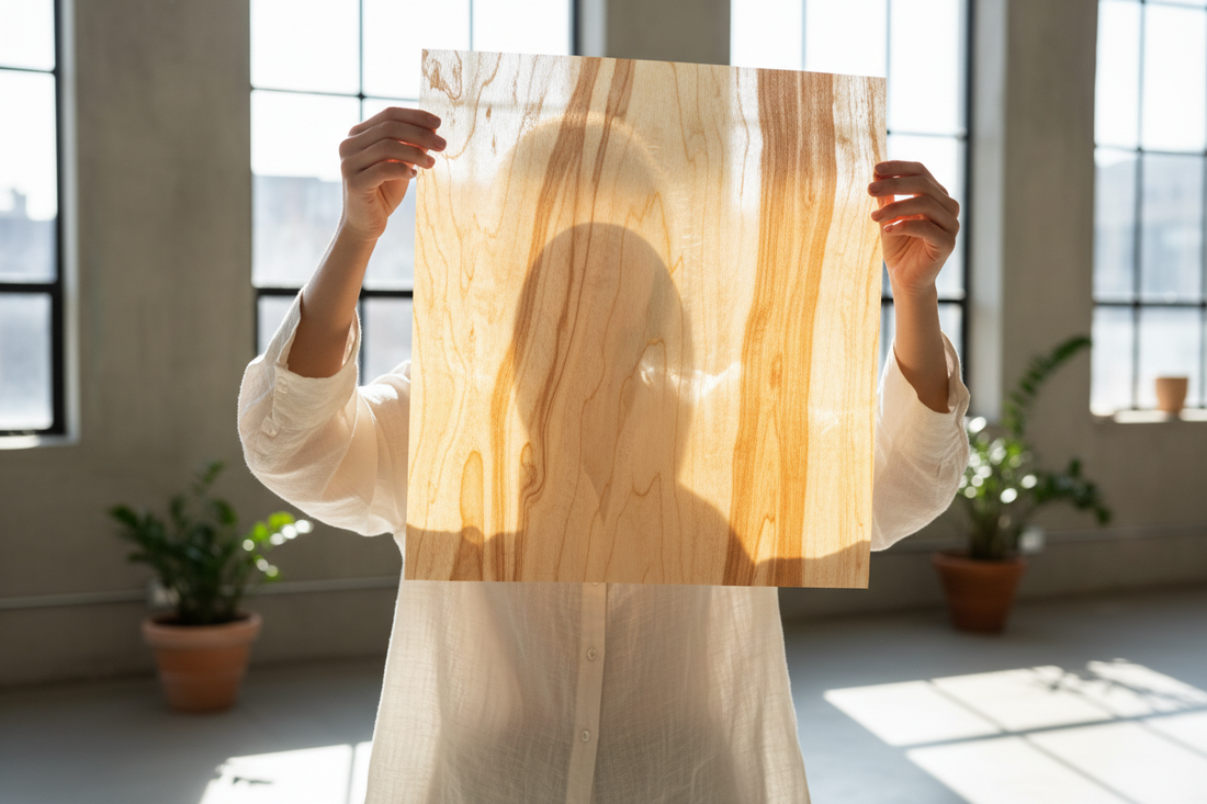 Frau hält dünnes Holzfurnier gegen das Sonnenlicht – LZF Leuchten bei Green Living