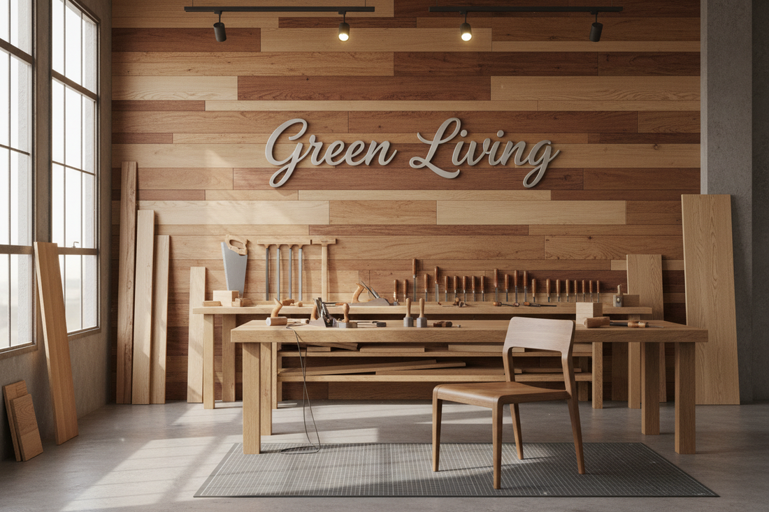Tischlerwerkstatt mit Green Living Schriftzug – handgefertigte Massivholzmöbel