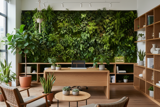 Kreatives Büro mit Pflanzen, Holzmöbeln und Green Living Schriftzug – gesundes Arbeitsklima