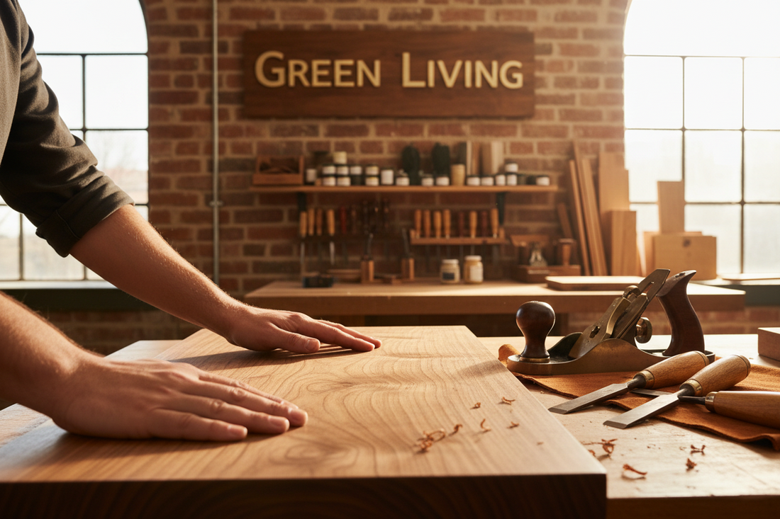 Holzwerkstatt-Detail mit Green Living Schriftzug – Qualität und Handwerk
