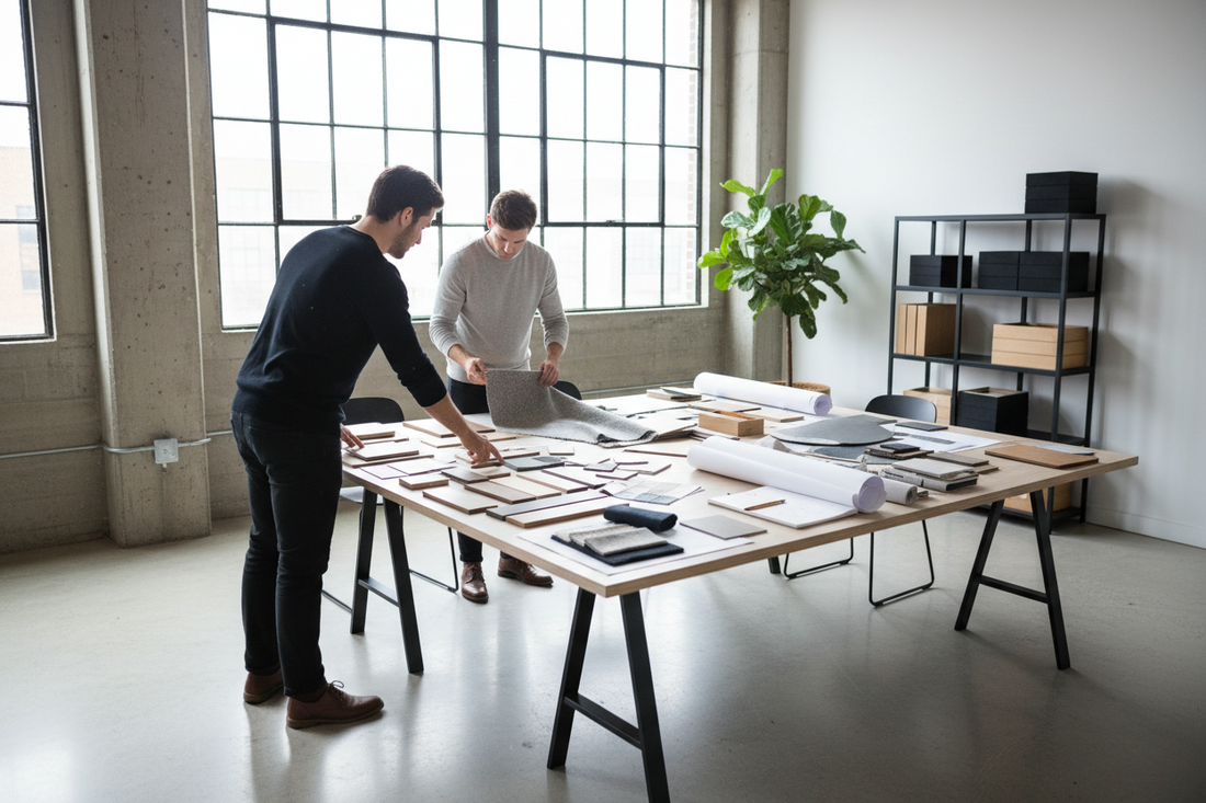 Zwei Personen prüfen Materialien und Muster in einem modernen Loft – Brunner Group Möbel bei Green Living